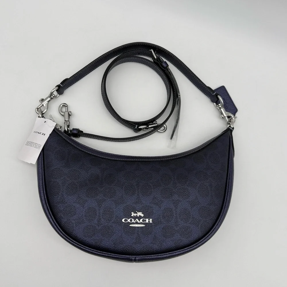 Coach Aria Shoulder Bag In Signature Canvas Silver Blue Navy - Picture 2 of 11